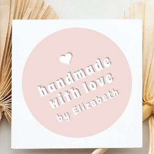 Sticker Rond Fait main avec amour Cœur mignon Rose tendre Gras