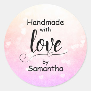 Sticker Rond Fait main avec amour cœur ombré rose nom personnal