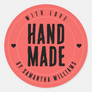 Sticker Rond Fait main avec amour Corail rose personnalisé Arti