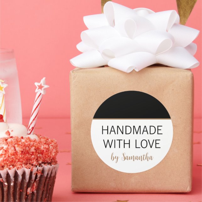 Sticker Rond Fait Main Avec Amour par Nom Or Noir (Fête)