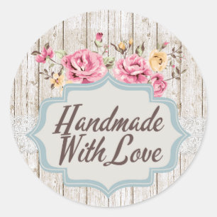 Sticker Rond Fait Main Avec Amour Shabby Chic Floral Rustique B