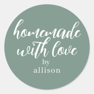 Sticker Rond Fait Maison avec Amour Cadeau Personnalisé Vert Po