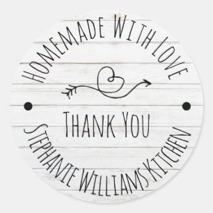 Sticker Rond Fait maison avec amour   Merci blanc en bois