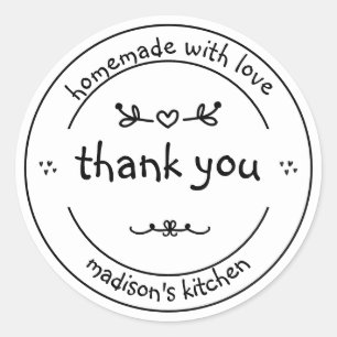 Sticker Rond Fait maison avec amour   Merci Cute Black & White