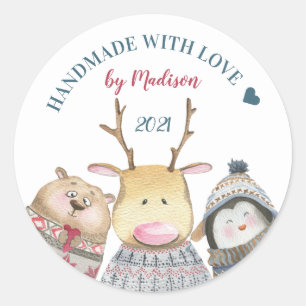 Sticker Rond Faite à la main avec amour Bêtes animaux hiver