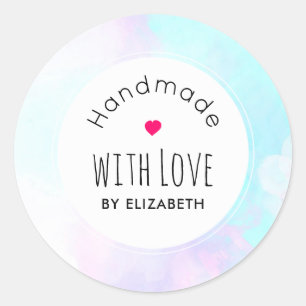 Sticker Rond Faite à la main avec l'amour Moderne Bleu & Purple
