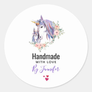 Sticker Rond Faite à la main avec Love Magique Unicorns Aquarel