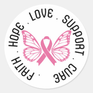 Sticker Rond Faith Hope Cure Cancer Du Sein Ruban Avec Ailes
