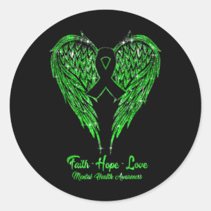 Sticker Rond Faith Hope Love Wings Ribbon Green Mental Health A