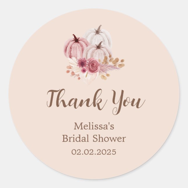 Sticker Rond Fall Pink Pumpkin Bridal Shower Thank You (Devant)