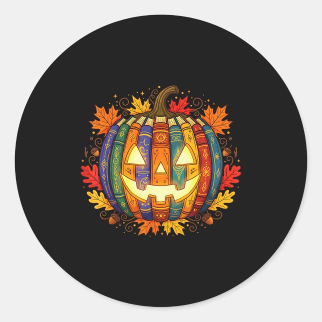 Sticker Rond Fall Pumpkin Book Lover, Soky Librarian Teacher Ha (Devant)