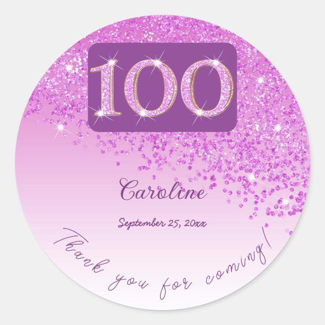 Sticker Rond Falling Pink Parties scintillant, 100e anniversair (Devant)
