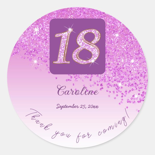 Sticker Rond Falling Pink Parties scintillant, 18e anniversaire (Devant)