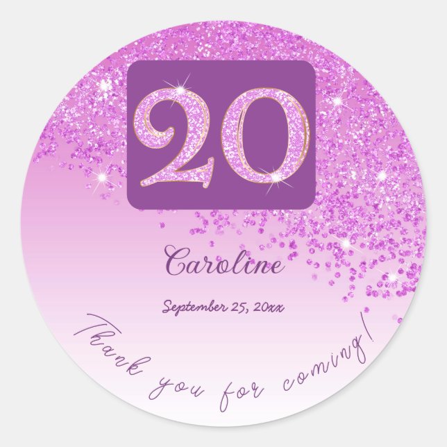 Sticker Rond Falling Pink Parties scintillant, 20e anniversaire (Devant)