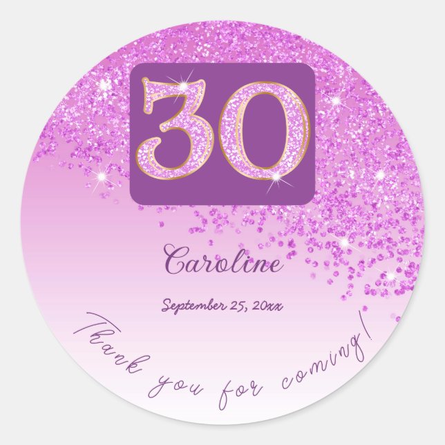 Sticker Rond Falling Pink Parties scintillant, 30e anniversaire (Devant)