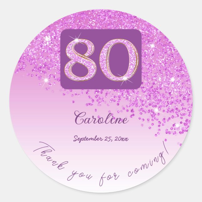 Sticker Rond Falling Pink Parties scintillant, 80e anniversaire (Devant)