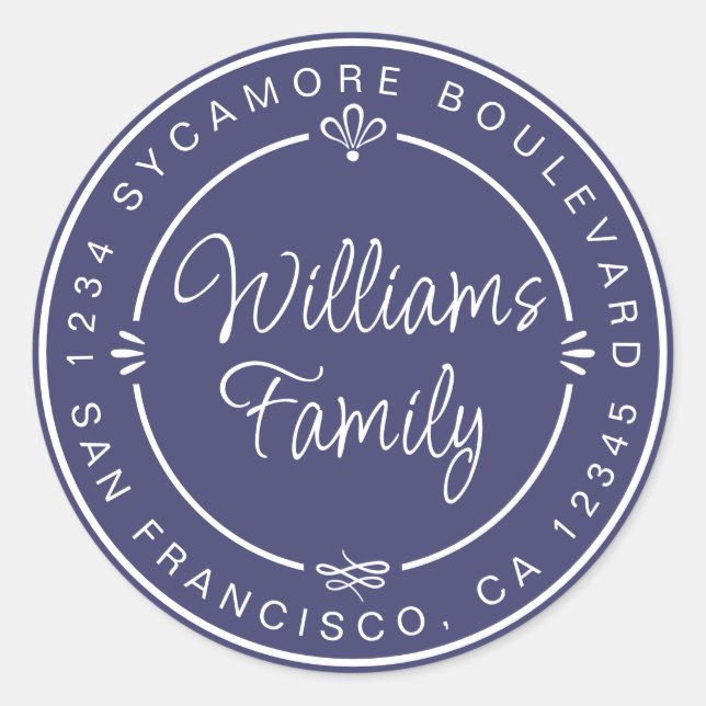 Sticker Rond Famille Chic Monogramme Adresse de Retour Bleu Mar (Devant)