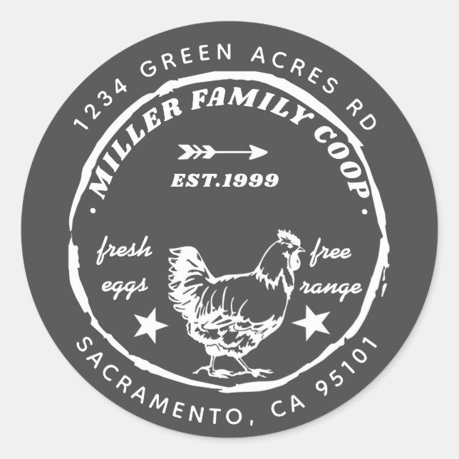 Sticker Rond famille coop hen oeufs frais retour adresse (Devant)
