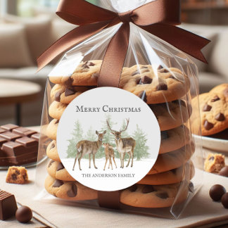 Sticker Rond Famille de cerfs Neige hiver Joyeux Noël