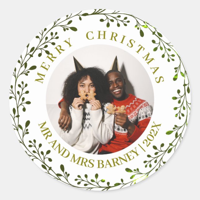 Sticker Rond Famille de Noël florale simple et élégante 1 Photo (Devant)