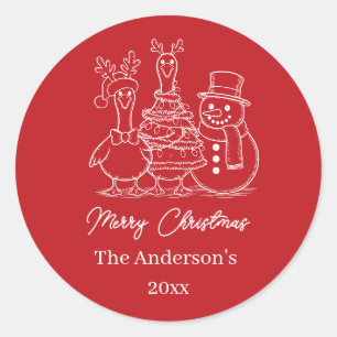 Sticker Rond Famille d'oie de Noël Doodle rouge moderne