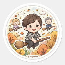 Famille Mignonne Volant sur des Balais en Automne