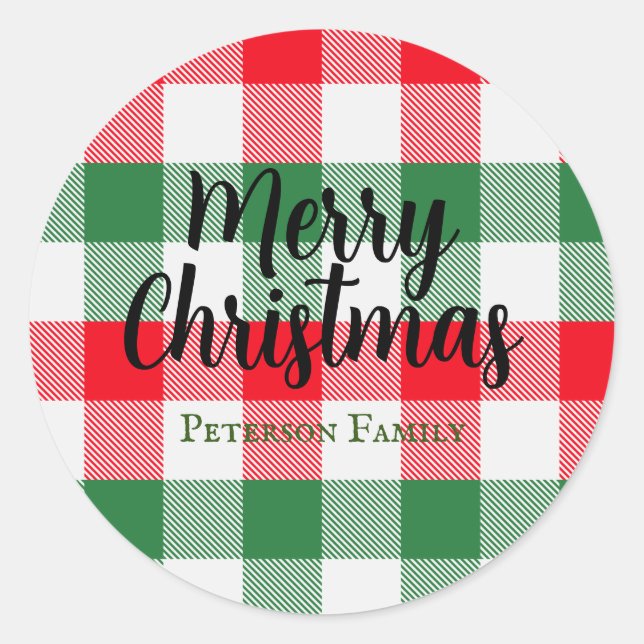 Sticker Rond Famille Noël Blanc Vert et Rouge Buffalo Plaid (Devant)