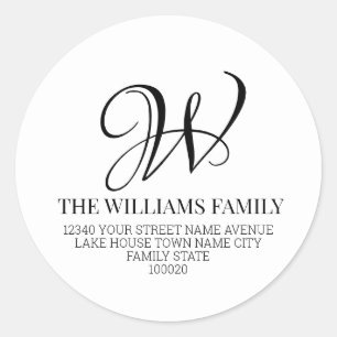 Sticker Rond Family Monogramme Script Black White Adresse de re