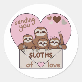 Sticker Rond Family of Sloths with Envelope, Heart and Text