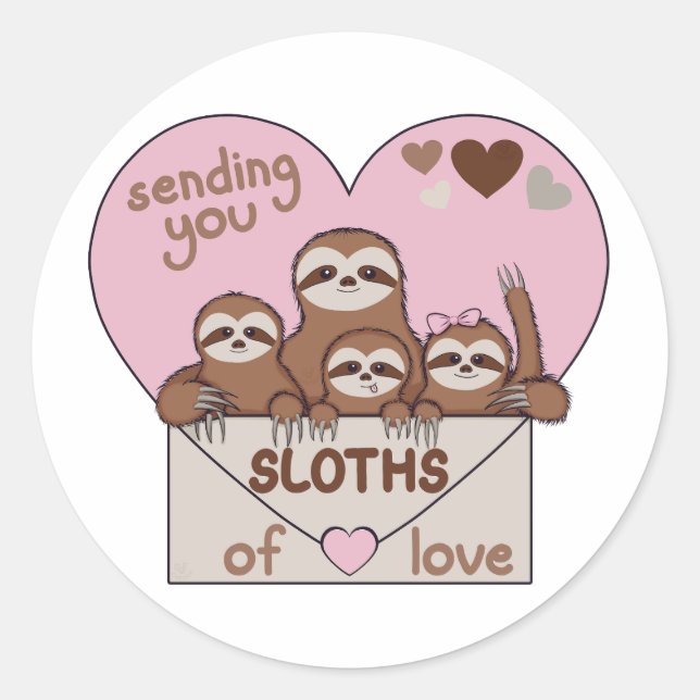 Sticker Rond Family of Sloths with Envelope, Heart and Text (Devant)