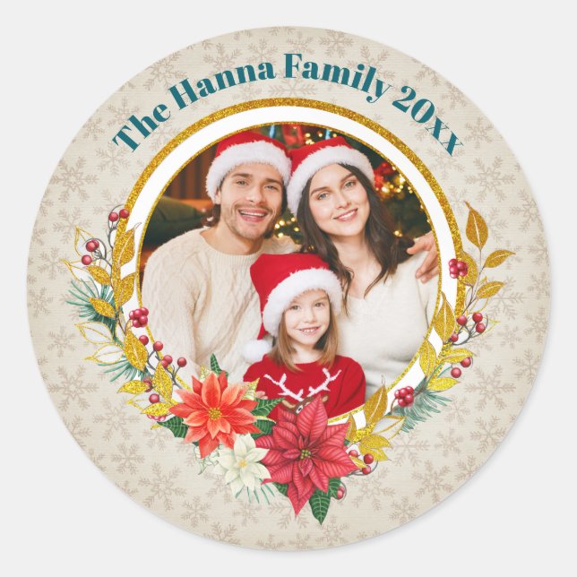 Sticker Rond Family Photo & Poinsettia Merry Christmas Gift (Devant)