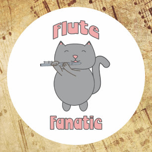 Sticker Rond Fanatique de la flûte chat gris rose