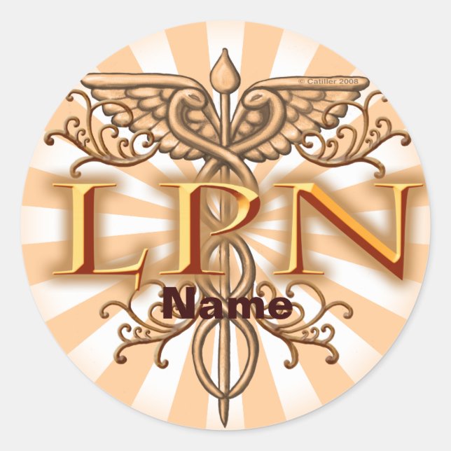 Sticker Rond Fancy Cuivre Caduceus LPN Infirmière (Devant)