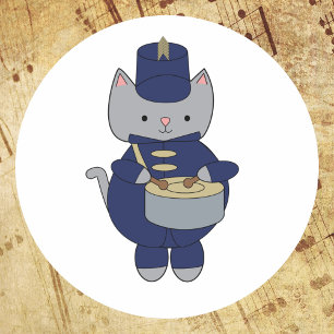 Sticker Rond Fanfare Féline Tambour Bleu Marine Or