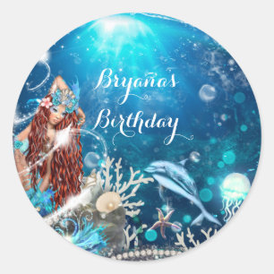 Sticker Rond Fantaisie de sirène tête rouge faveur de fête ench