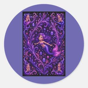 Sticker Rond Fantaisie de Sirène Violette Pailletée Art Océaniq