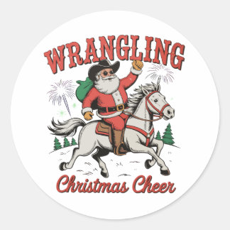 Sticker Rond Fantaisie Noël Cheer Cowboy Père Noël Pays