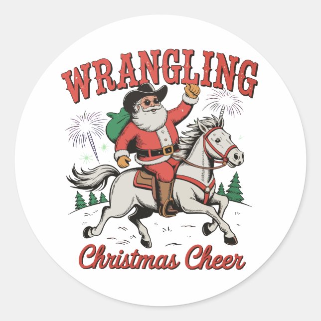 Sticker Rond Fantaisie Noël Cheer Cowboy Père Noël Pays (Devant)