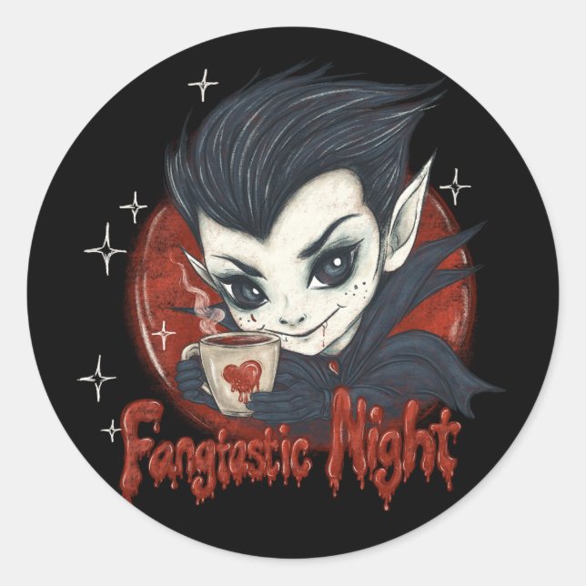Sticker Rond Fantastique nuit. Vampire mignon avec une tasse de (Devant)