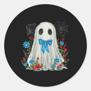 Sticker Rond Fantôme Avec Coquette Bow Bleu Et Fleurs Halloween