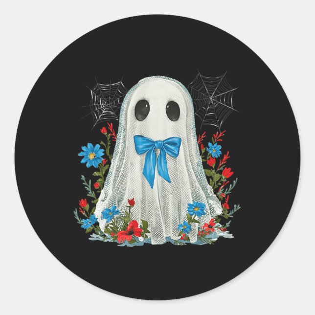 Sticker Rond Fantôme Avec Coquette Bow Bleu Et Fleurs Halloween (Devant)