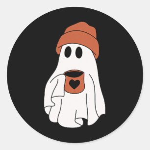 Sticker Rond Fantôme Boire Café Drôle Costume Halloween Coff
