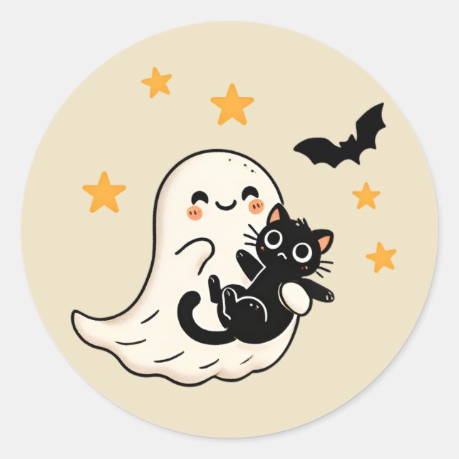 Sticker Rond Fantôme Céleste & Chat Noir - Halloween (Devant)