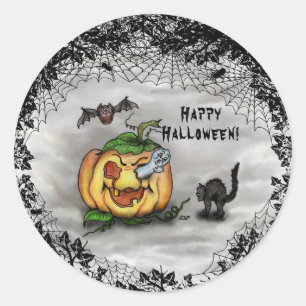 Sticker Rond Fantôme, chauve-souris et chat, Bonne Halloween !