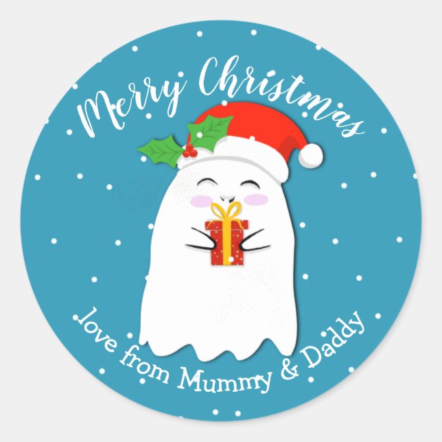 Sticker Rond fantôme de Noël présent joyeux cadeau (Devant)