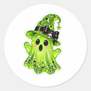 Sticker Rond Fantôme de Slime Vert Magique Portant un Chapeau d