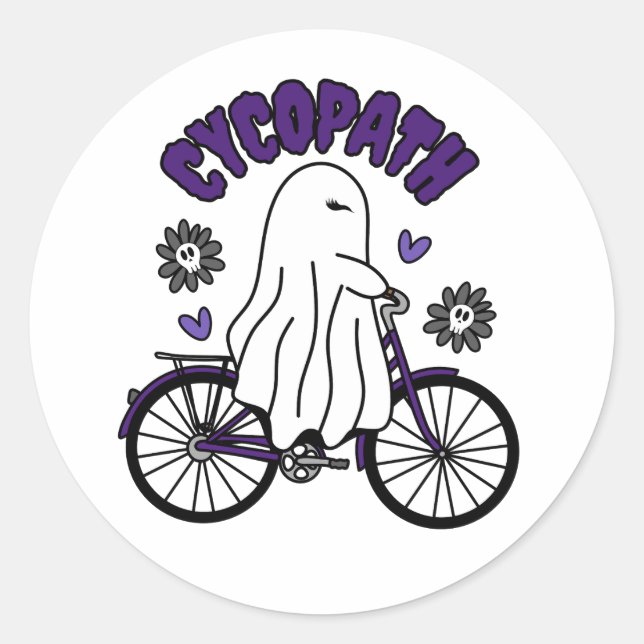 Sticker Rond Fantôme d'Halloween Cycopath sur un vélo violet (Devant)