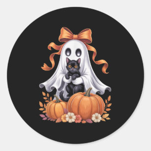 Sticker Rond Fantôme effrayant tenant un chat noir floral groov