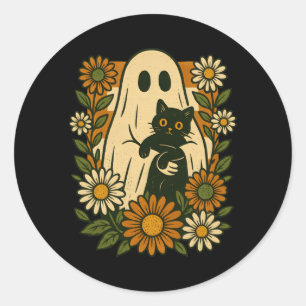 Sticker Rond Fantôme mignon tenant un chat noir floral groovy d