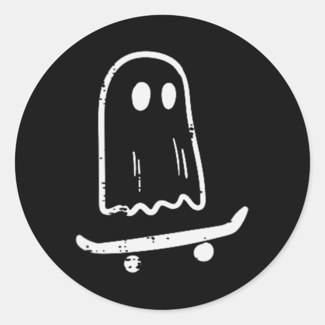 Sticker Rond Fantôme Sur Skateboard Fun Retro Halloween Costume (Devant)